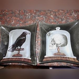 Set of 2.Madison Studios Halloween decor dishes skull & raven